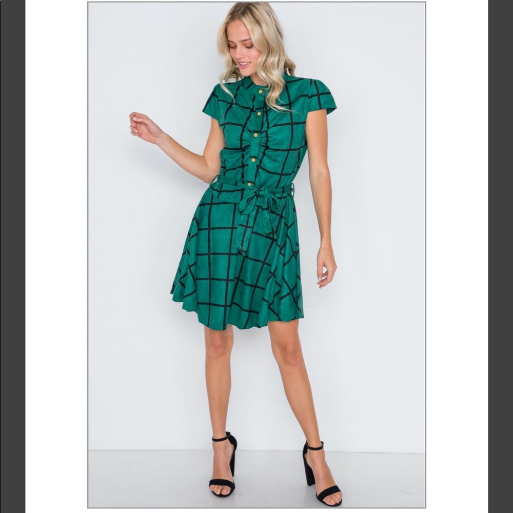 🌳DARK GREEN CHECK A-LINE  SUEDE MINI DRESS🌳
